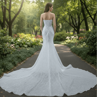 Sparkly High-end Fit and Flare Wedding Dress with Sheer Bodice - Rosymae