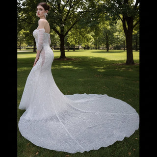 Sparkly High-end Fit and Flare Wedding Dress with Sheer Bodice - Rosymae