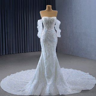 Sparkly High-end Fit and Flare Wedding Dress with Sheer Bodice - Rosymae
