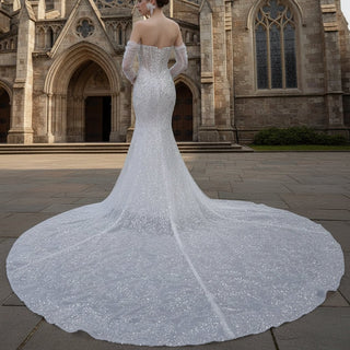 Sparkly High-end Fit and Flare Wedding Dress with Sheer Bodice - Rosymae