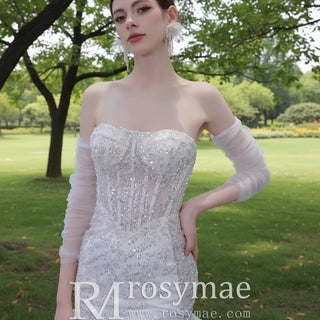 Sparkly High-end Fit and Flare Wedding Dress with Sheer Bodice - Rosymae