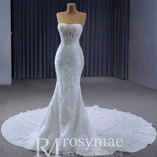 Sparkly High-end Fit and Flare Wedding Dress with Sheer Bodice - Rosymae
