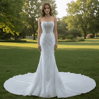 Sparkly High-end Fit and Flare Wedding Dress with Sheer Bodice - Rosymae