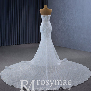 Sparkly High-end Fit and Flare Wedding Dress with Sheer Bodice - Rosymae