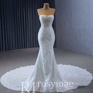 Sparkly High-end Fit and Flare Wedding Dress with Sheer Bodice - Rosymae