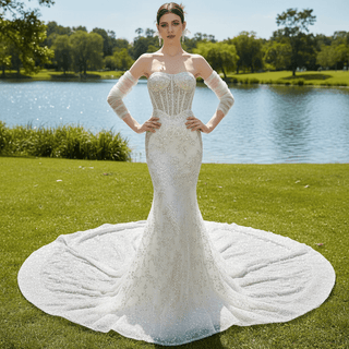 Sparkly High-end Fit and Flare Wedding Dress with Sheer Bodice - Rosymae
