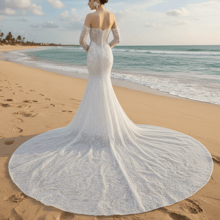 Sparkly High-end Fit and Flare Wedding Dress with Sheer Bodice - Rosymae