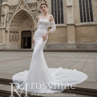 Sparkly High-end Fit and Flare Wedding Dress with Sheer Bodice - Rosymae