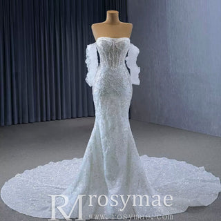 Sparkly High-end Fit and Flare Wedding Dress with Sheer Bodice - Rosymae