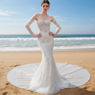Sparkly High-end Fit and Flare Wedding Dress with Sheer Bodice - Rosymae