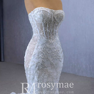 Sparkly High-end Fit and Flare Wedding Dress with Sheer Bodice - Rosymae
