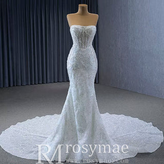 Sparkly High-end Fit and Flare Wedding Dress with Sheer Bodice - Rosymae