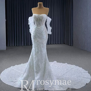 Sparkly High-end Fit and Flare Wedding Dress with Sheer Bodice - Rosymae