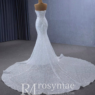 Sparkly High-end Fit and Flare Wedding Dress with Sheer Bodice - Rosymae