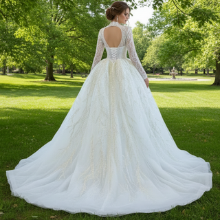 Sparkly High Neck Ball Gown Long Sleeves Wedding Dress with Keyhole