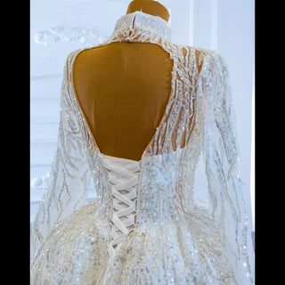 Sparkly High Neck Ball Gown Long Sleeves Wedding Dress with Keyhole - Rosymae