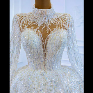 Sparkly High Neck Ball Gown Long Sleeves Wedding Dress with Keyhole - Rosymae