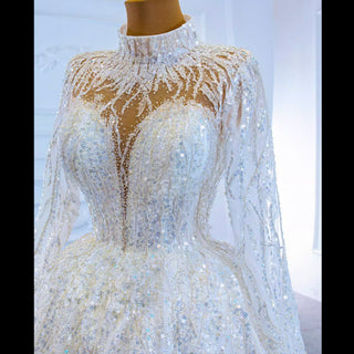 Sparkly High Neck Ball Gown Long Sleeves Wedding Dress with Keyhole - Rosymae