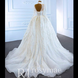 Sparkly High Neck Ball Gown Long Sleeves Wedding Dress with Keyhole - Rosymae