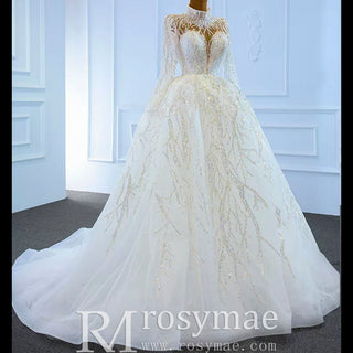 Sparkly High Neck Ball Gown Long Sleeves Wedding Dress with Keyhole - Rosymae