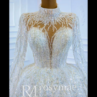 Sparkly High Neck Ball Gown Long Sleeves Wedding Dress with Keyhole - Rosymae