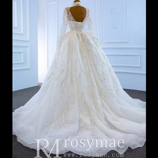 Sparkly High Neck Ball Gown Long Sleeves Wedding Dress with Keyhole - Rosymae