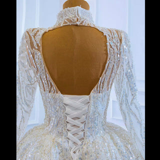 Sparkly High Neck Ball Gown Long Sleeves Wedding Dress with Keyhole - Rosymae