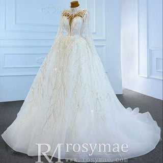Sparkly High Neck Ball Gown Long Sleeves Wedding Dress with Keyhole - Rosymae