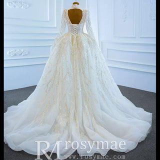Sparkly High Neck Ball Gown Long Sleeves Wedding Dress with Keyhole - Rosymae