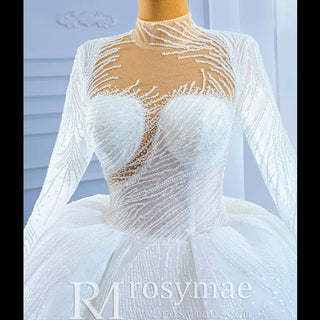 Sparkly High Neck Puffy Wedding Dress with Long Sleeve - Rosymae
