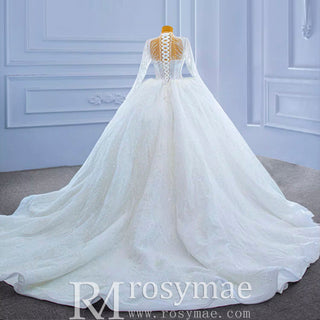 Sparkly High Neck Puffy Wedding Dress with Long Sleeve - Rosymae