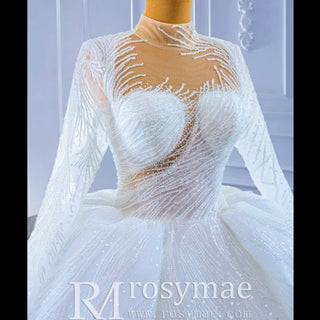 Sparkly High Neck Puffy Wedding Dress with Long Sleeve - Rosymae