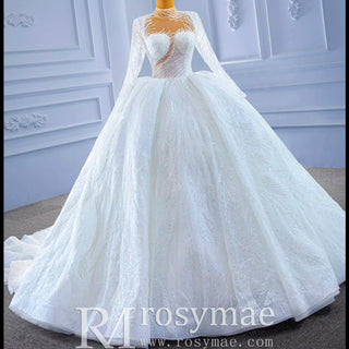 Sparkly High Neck Puffy Wedding Dress with Long Sleeve - Rosymae