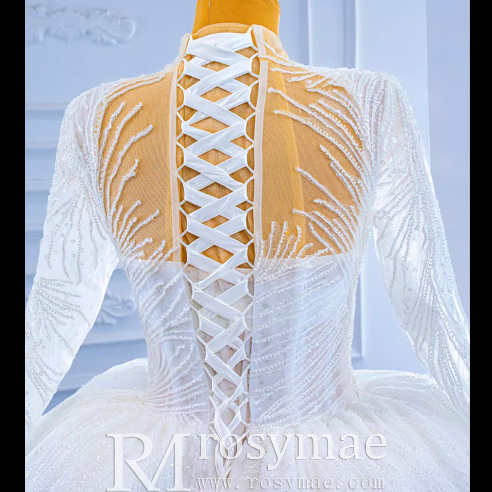 Sparkly High Neck Puffy Wedding Dress with Long Sleeve - Rosymae