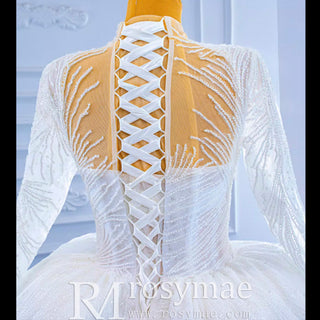Sparkly High Neck Puffy Wedding Dress with Long Sleeve - Rosymae