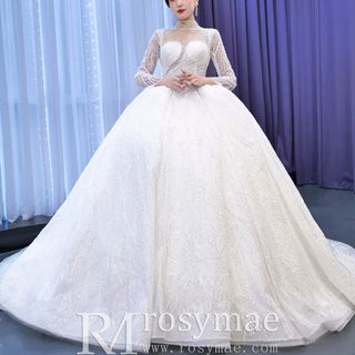Sparkly High Neck Puffy Wedding Dress with Long Sleeve - Rosymae