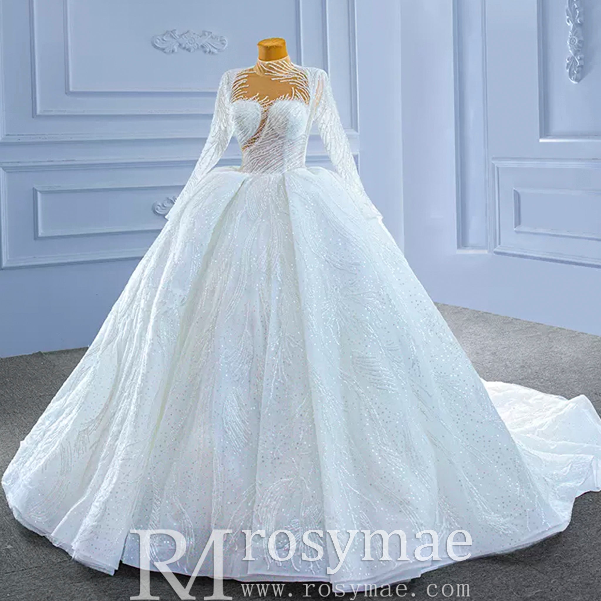 Sparkly High Neck Puffy Wedding Dress with Long Sleeve - Rosymae