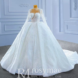 Sparkly High Neck Puffy Wedding Dress with Long Sleeve - Rosymae