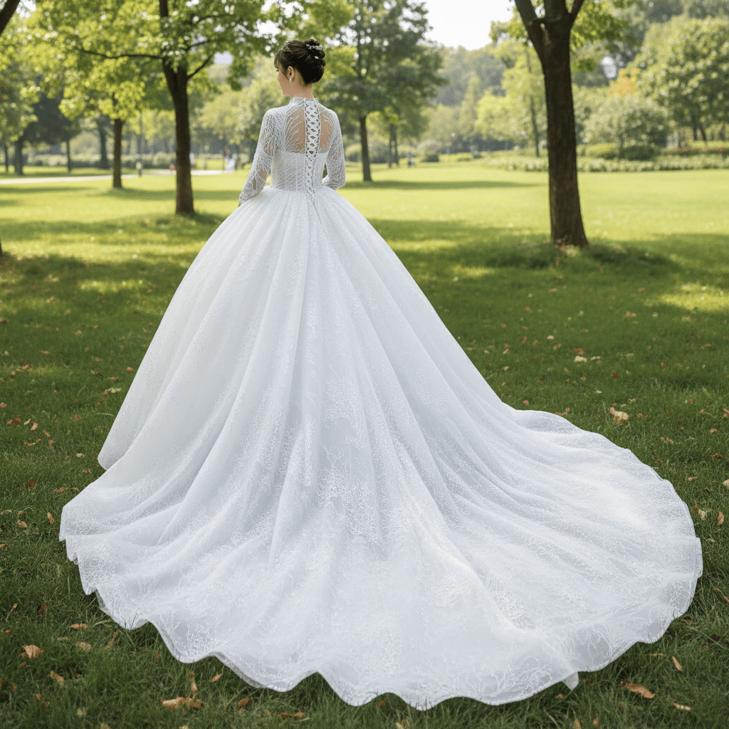 Sparkly High Neck Puffy Wedding Dress with Long Sleeve - Rosymae