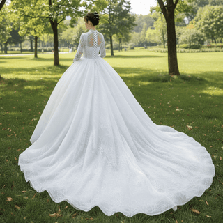 Sparkly High Neck Puffy Wedding Dress with Long Sleeve - Rosymae