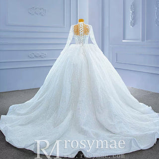 Sparkly High Neck Puffy Wedding Dress with Long Sleeve - Rosymae