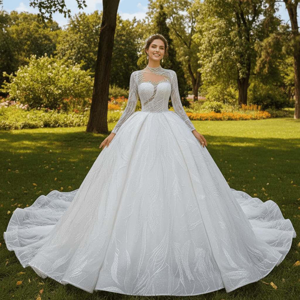 Sparkly High Neck Puffy Wedding Dress with Long Sleeve - Rosymae