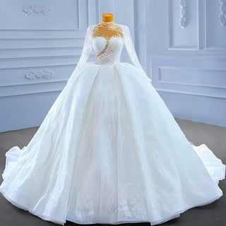 Sparkly High Neck Puffy Wedding Dress with Long Sleeve - Rosymae