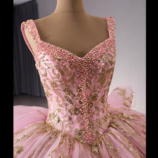 Sparkly Lace Applique Beaded Tiered Layered Quince Dress with Bowknot - Rosymae