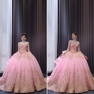 Sparkly Lace Applique Beaded Tiered Layered Quince Dress with Bowknot - Rosymae