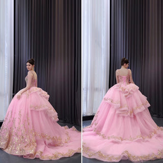 Sparkly Lace Applique Beaded Tiered Layered Quince Dress with Bowknot - Rosymae