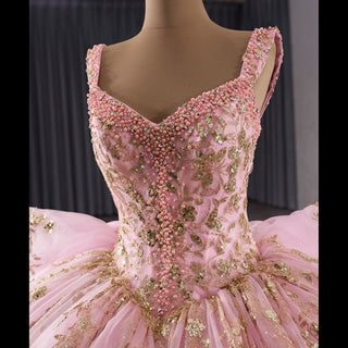 Sparkly Lace Applique Beaded Tiered Layered Quince Dress with Bowknot - Rosymae
