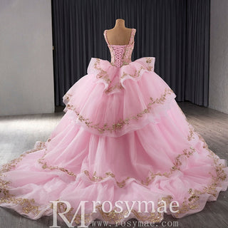 Sparkly Lace Applique Beaded Tiered Layered Quince Dress with Bowknot - Rosymae