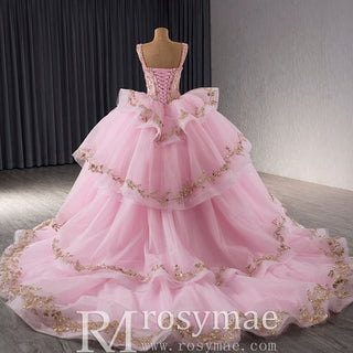 Sparkly Lace Applique Beaded Tiered Layered Quince Dress with Bowknot - Rosymae