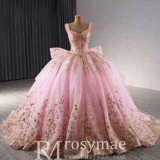 Sparkly Lace Applique Beaded Tiered Layered Quince Dress with Bowknot - Rosymae